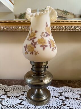 Vintage Fenton Chocolate Roses On Cameo Hurricane Lamp Hand painted By C. Moore
